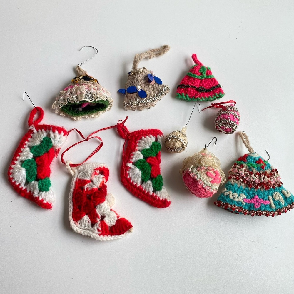 Lot Of Vintage Crochet Needlework Christmas Ornaments Handmade Stockings Bells